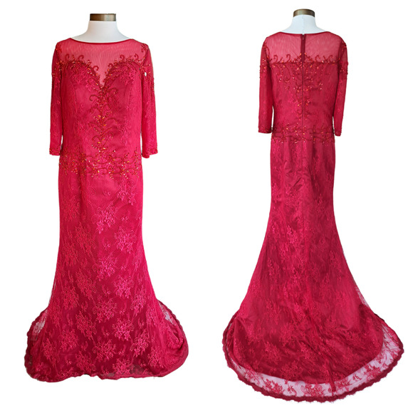 New Hebeos Red Lace Evening Formal Gown Mother-of-Bride Train 3/4 Sleeve Beaded - Picture 1 of 12